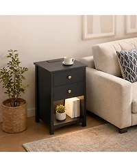 homfan 2 Set of Nightstand with Power Outlets | Open Storage and Led Light Strip, Modern Mid Century Bed Table Drawers,