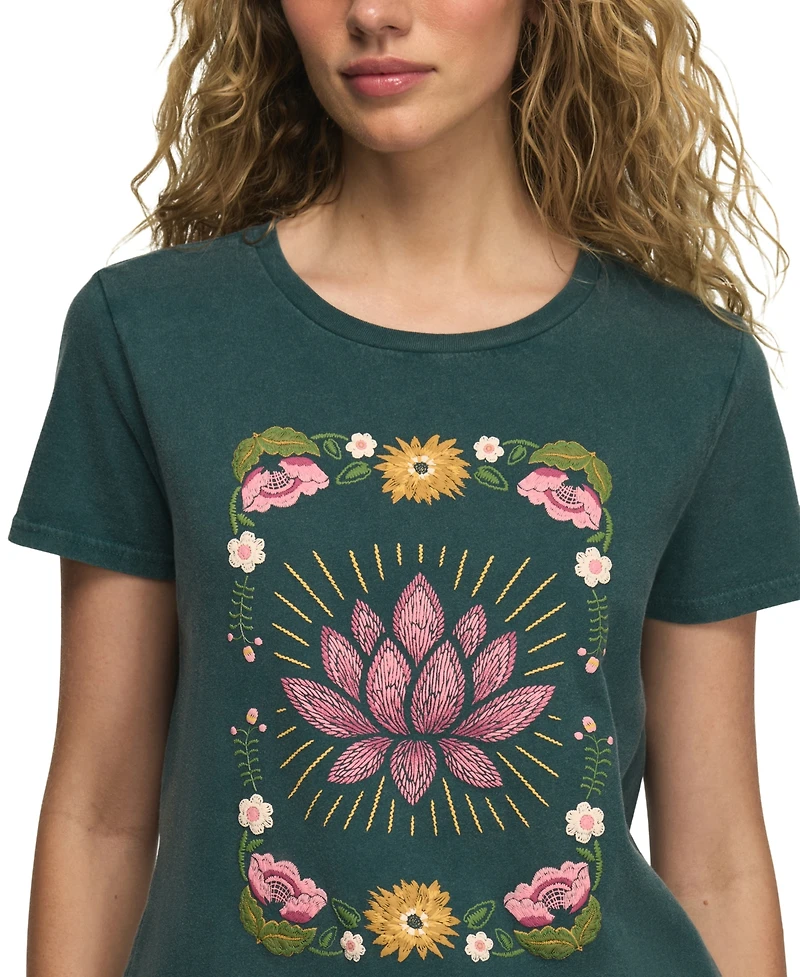 Lucky Brand Women's Floral Frame Lotus Classic Crew T-Shirt