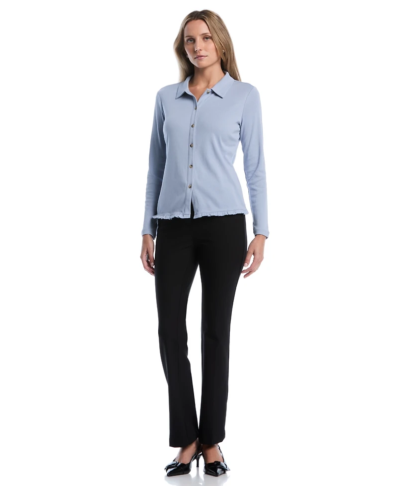 Rafaella Petite Long-Sleeve Ruffle-Trim Cotton Shirt