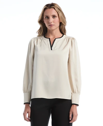 Rafaella Petite Long-Sleeve Split-Neck Satin Blouse