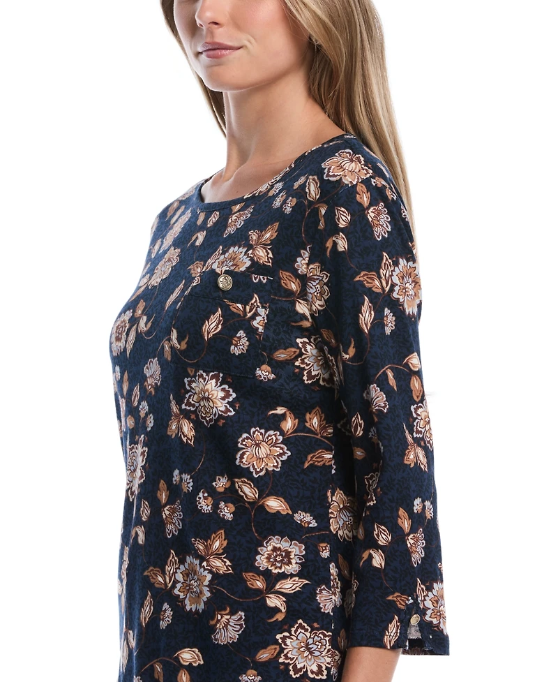 Rafaella Women's Petite Floral 3/4-Sleeve Rib-Knit T-Shirt