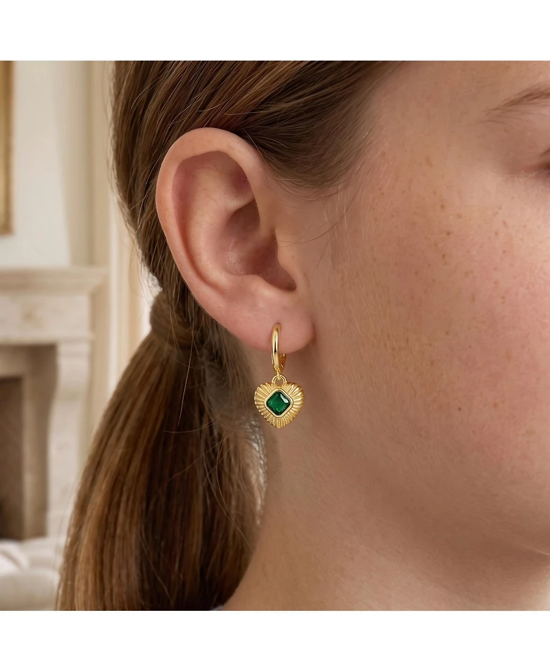 GiGiGirl Teens Sterling Silver 14k Gold Plated with Green Cubic Zirconias Dangle Heart Huggie Hoop Earrings