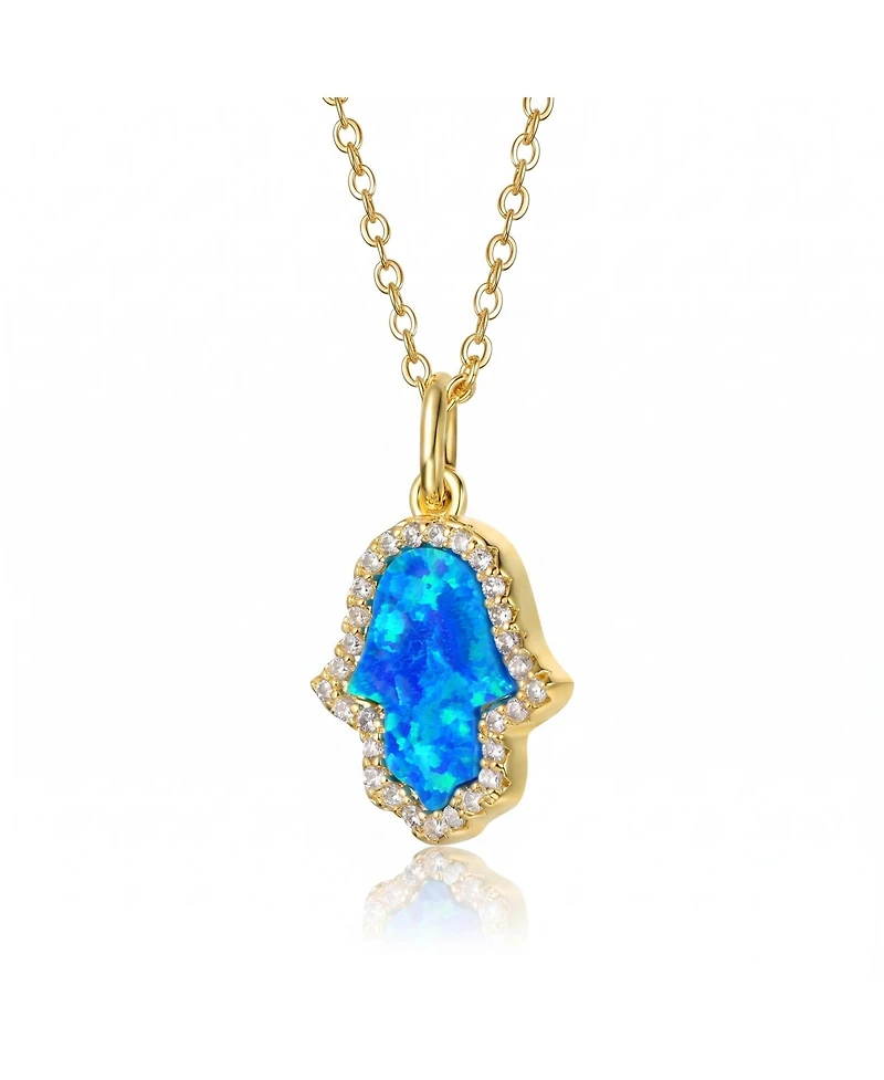 Rachel Glauber 14K Gold Plated Sparkling Hamsa Opal and Cz Halo Necklace