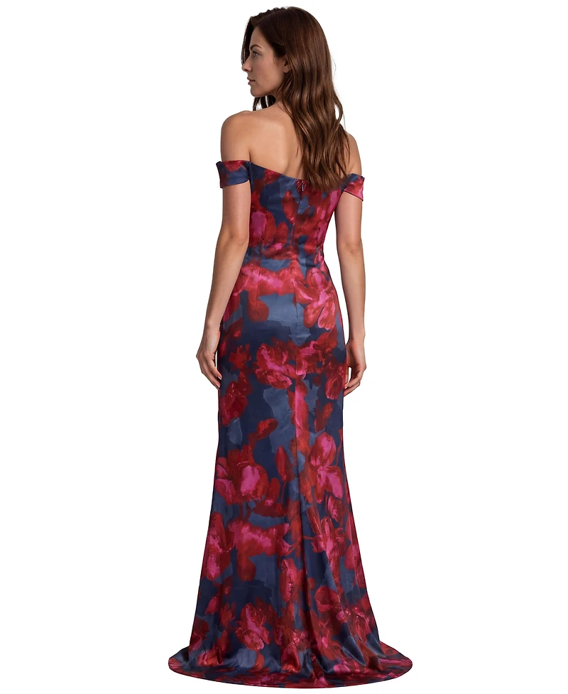 Rene Ruiz Occasion Women's Off The Shoulder Printed Scuba Fit and Flare Gown