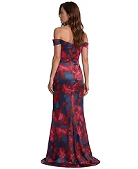 Rene Ruiz Occasion Women's Off The Shoulder Printed Scuba Fit and Flare Gown