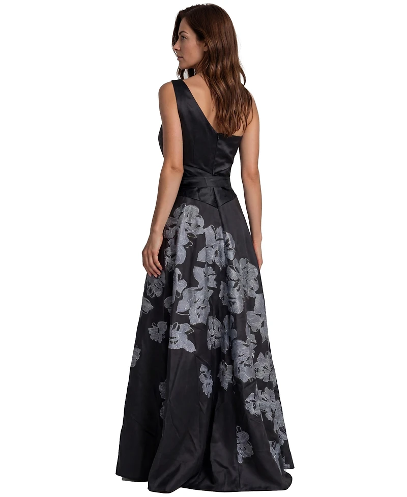 Rene Ruiz Occasion Women's One Shoulder Floral Border Print Mikado A-Line Gown