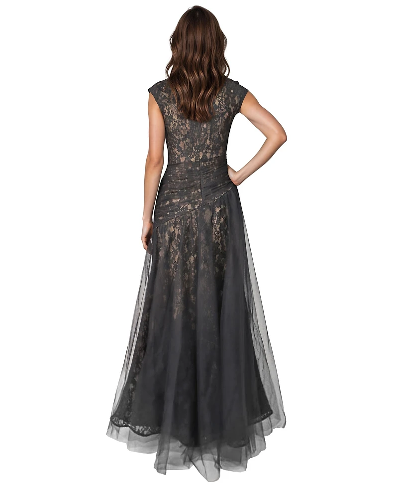 Rene Ruiz Occasion Women's Bateau Neck Lace tulle A-Line Gown