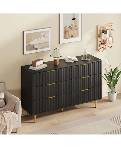homfan 6 Drawer Fluted Dresser Furniture, Wooden Chest of Drawers with Metal Handle, Modern Wide for Living Room, Bedroom, or Hallway