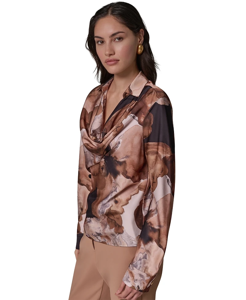 Donna Karan New York Women's Petite Print Long-Sleeve Cowl Neck Blouse