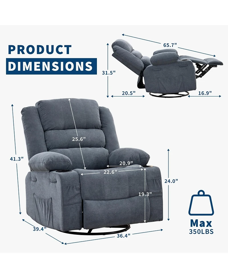 homfan Rocking Recliner for Adults Oversized 360degree(s) Swivel Manual Chair | Breathable Linen with Cup Holder Side Pockets