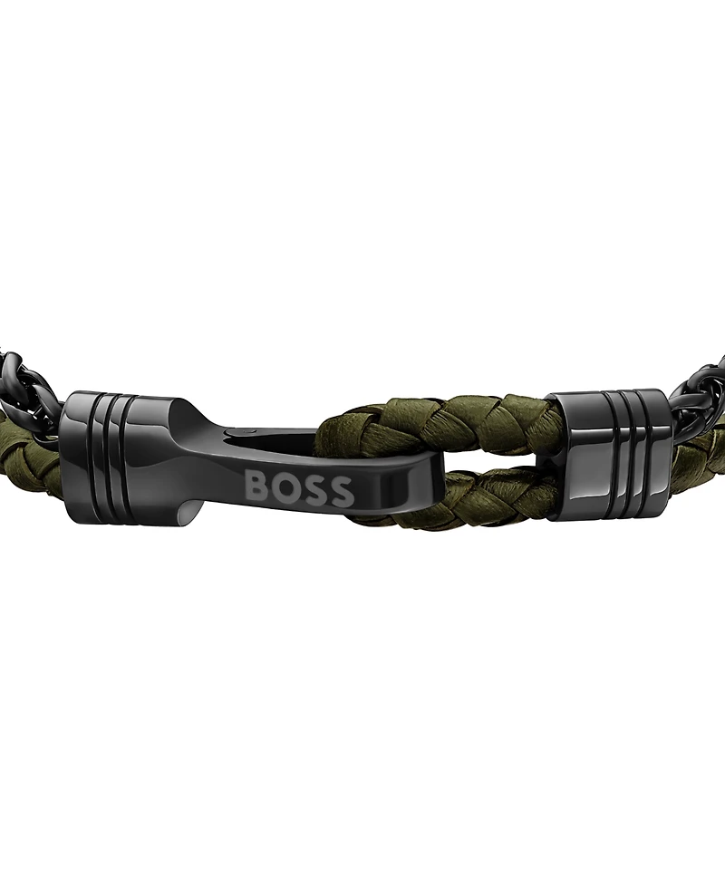 Hugo Boss Men's Jaxon Ionic Plated Grey Steel Green Leather Bracelet