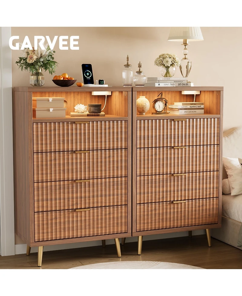 gaomon 4-Drawer Bedroom Dresser with Led Lights and Charging Station, Fluted Wood Chest of Drawers with Gold Handles and Open Shelf, Modern Tv Stand