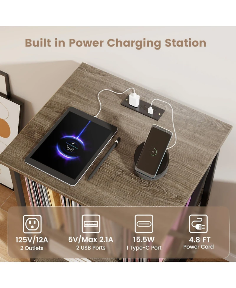 Gouun Mid-Century Record Player Stand with Built-in 2 Usb Charging Station