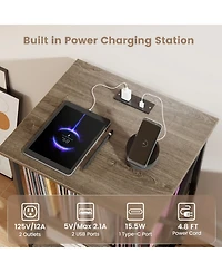 Gouun Mid-Century Record Player Stand with Built-in 2 Usb Charging Station