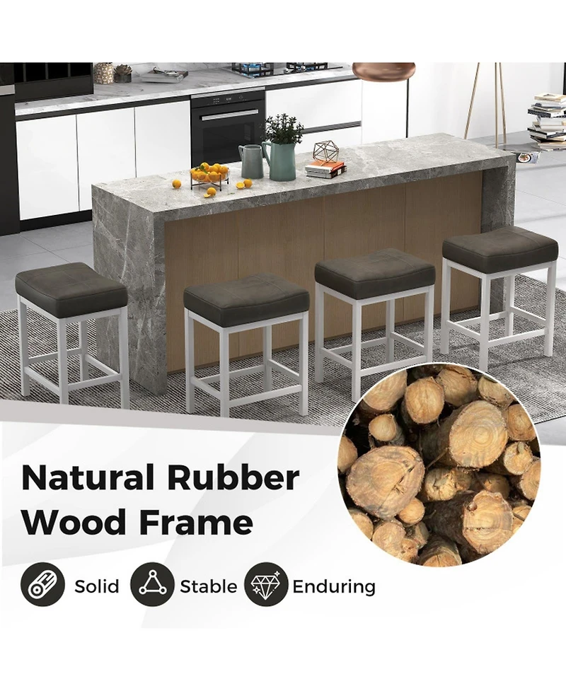 Gouun Set of 2 Saddle Counter Stools with Linen Cushion and Rubberwood Frame