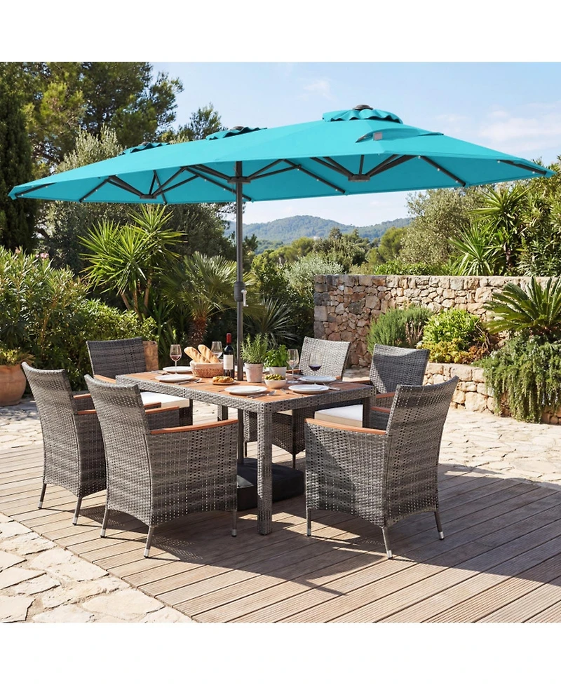 Gouun 8-Piece Outdoor Wicker Dining Set with 13.5 Ft Double-Sided Patio Umbrella
