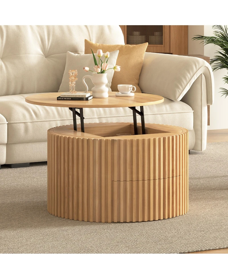 Flynama Round Lift Top Coffee Table Storage Fluted Wood Mdf Solid Wood Living Room Table