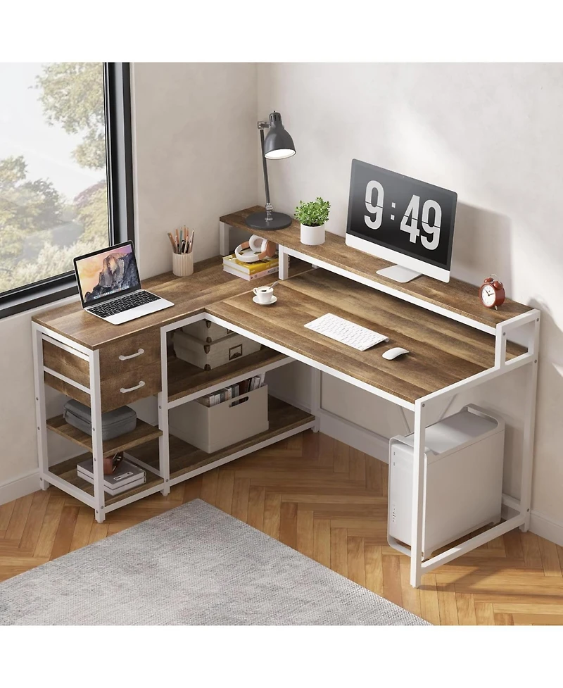 Tribesigns 55" L-Shaped Corner Desk with Drawers and Shelves, Oak