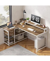 Tribesigns 55" L-Shaped Corner Desk with Drawers and Shelves, Oak