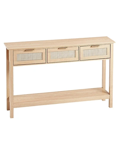 Slickblue Rattan Entryway Table with Storage Drawers and Bottom Shelf, Console Sofa Table for Home- Wood Color