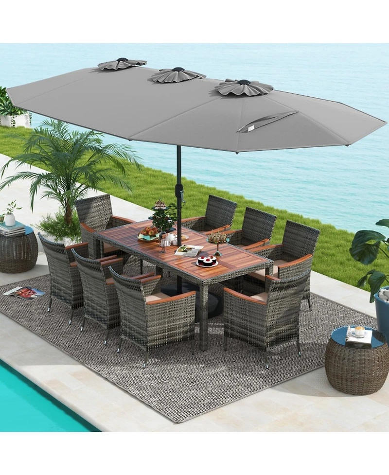 Gouun 10-Piece Patio Wicker Dining Set with 15 Ft Double-Sided Umbrella for 8 Guests