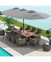 Gouun 10-Piece Patio Wicker Dining Set with 15 Ft Double-Sided Umbrella for 8 Guests