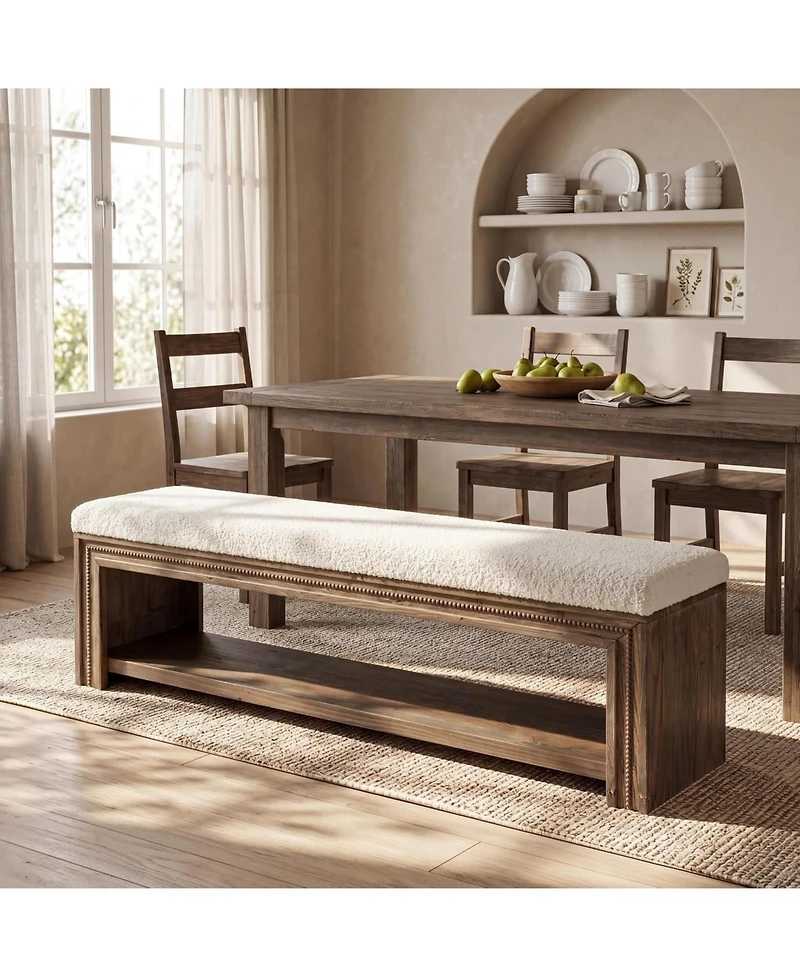 Tribesigns 55 Wood Dining Bench Farmhouse kitchen bench with storage shelf and cushion for 2 Solid wood backless long seating for dining table