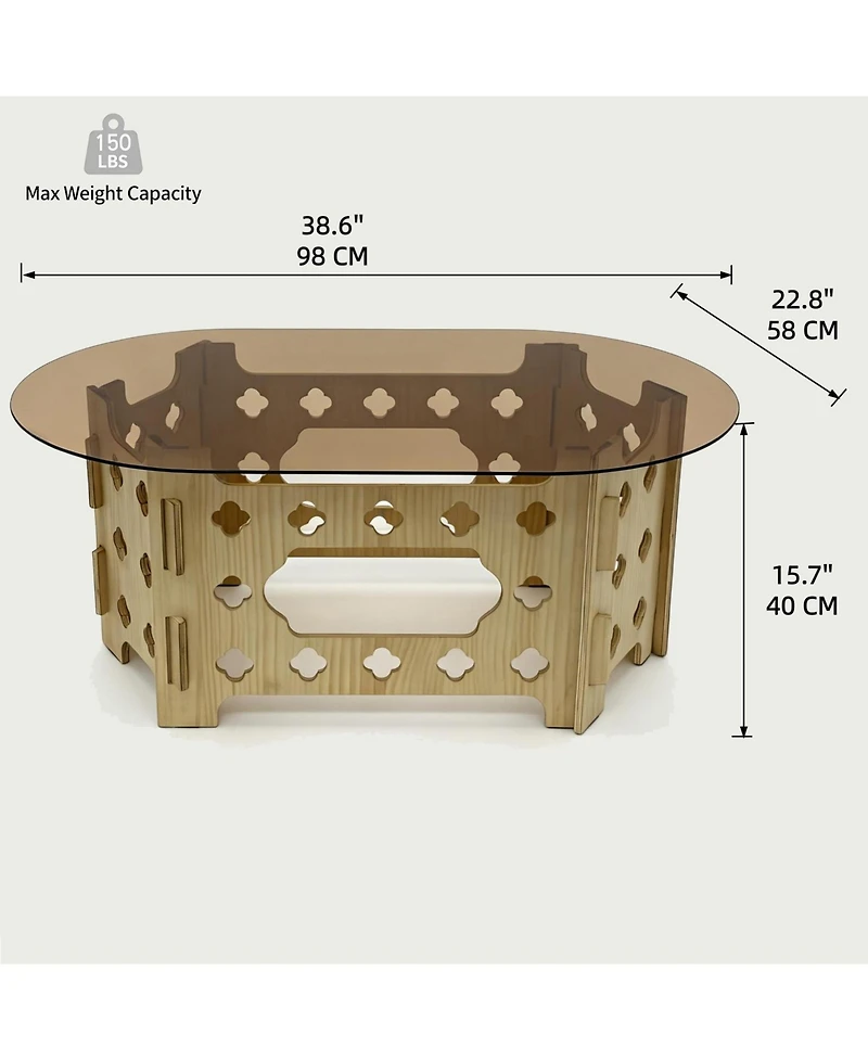 Flynama 38.6 Inch Oval Glass Coffee Table Caramel Wood Carved Base Farmhouse