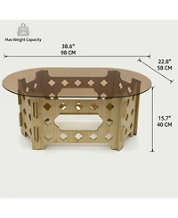 Flynama 38.6 Inch Oval Glass Coffee Table Caramel Wood Carved Base Farmhouse