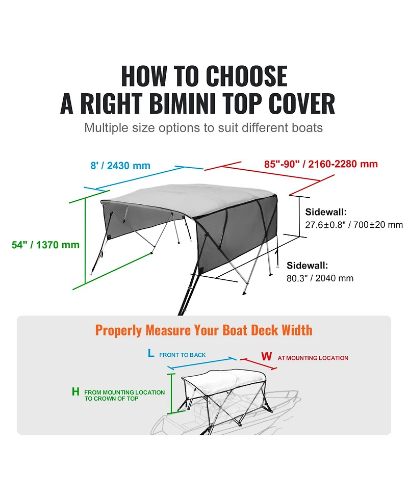 Sugift 4 Bow Bimini Top Boat Cover with Mesh Sidewalls 600D Polyester