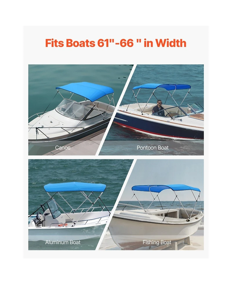 Sugift 3 Bow Boat Bimini Top 600D Polyester Canopy Aluminum Frame 6Lx61in-66inW x46inH