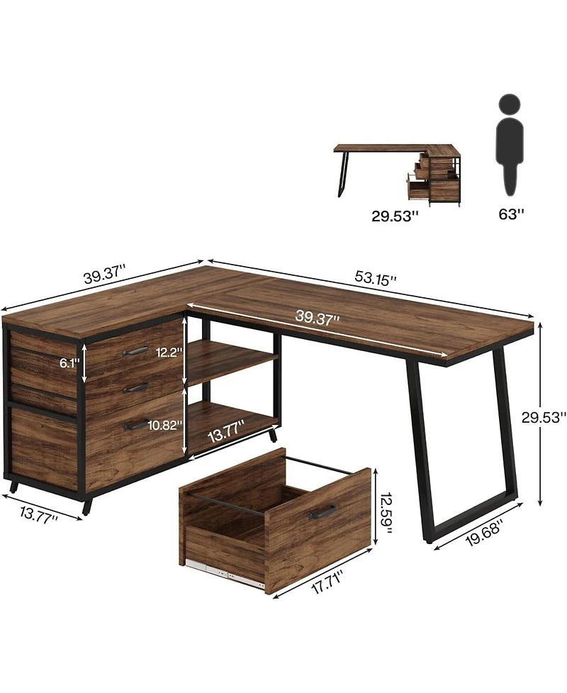 Tribesigns 53" L-Shaped Desk with 3 Drawers and Shelves