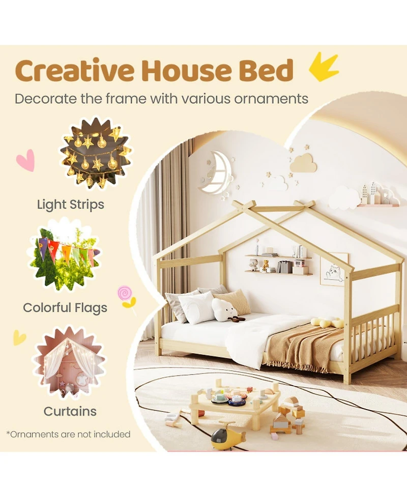 Sugift Twin Size Wooden House Bed with Roof