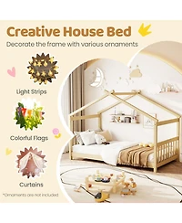 Sugift Twin Size Wooden House Bed with Roof