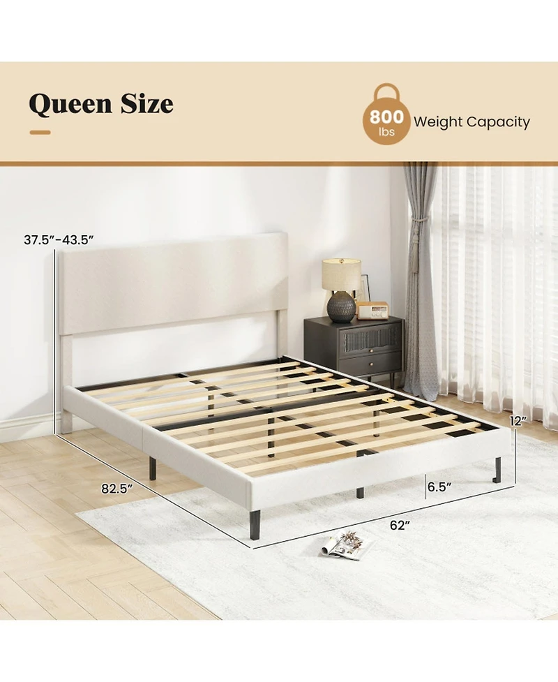 Sugift Queen Size Velvet Upholstered Platform Bed Frame with Chevron Headboard Adjustable