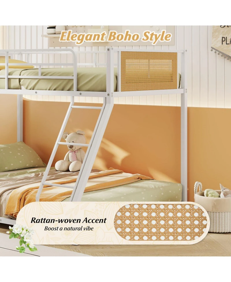 Sugift Metal Twin-Over-Full Bunk Bed with Full Length Safety Guardrail and Ramp Ladder