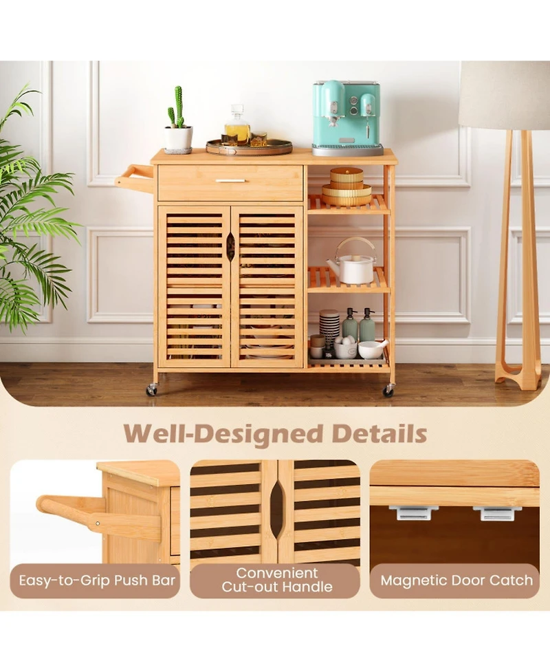 Sugift Kitchen Island Cart on Wheels with Bamboo Frame Drawer Cabinet and 3 Shelves