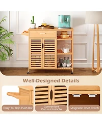 Sugift Kitchen Island Cart on Wheels with Bamboo Frame Drawer Cabinet and 3 Shelves