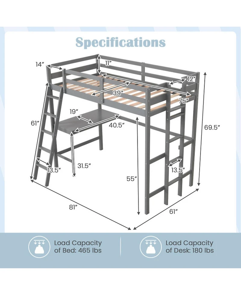 Sugift Twin Loft Bed Frame with Built-In Desk and Angled Ladder