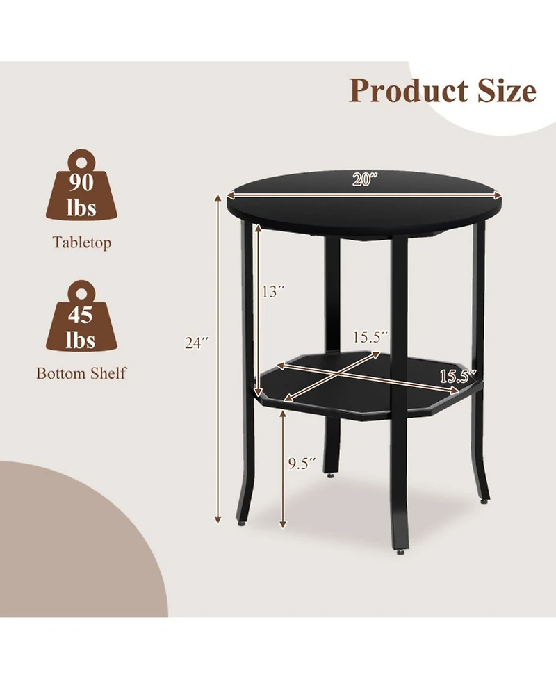 Sugift Round 2-Tier Side End Table with Open Storage Shelf and Steel Frame