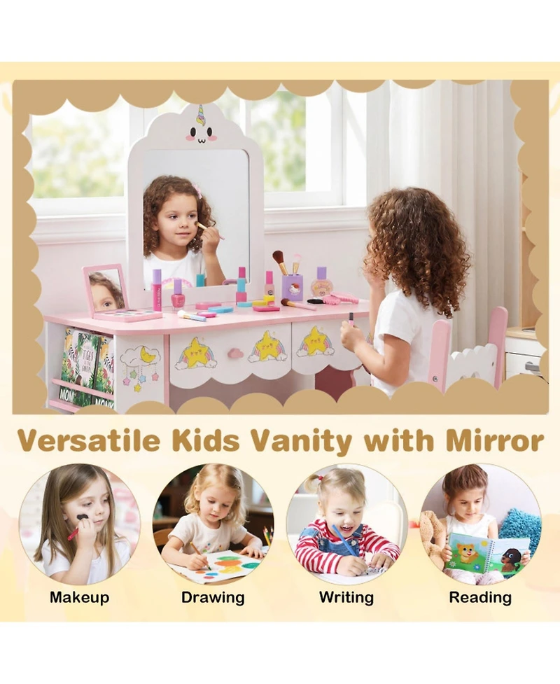 Sugift Kids Vanity Makeup Table and Chair Set with Side Bookshelf and 2 Storage Drawers