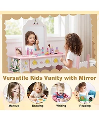 Sugift Kids Vanity Makeup Table and Chair Set with Side Bookshelf and 2 Storage Drawers