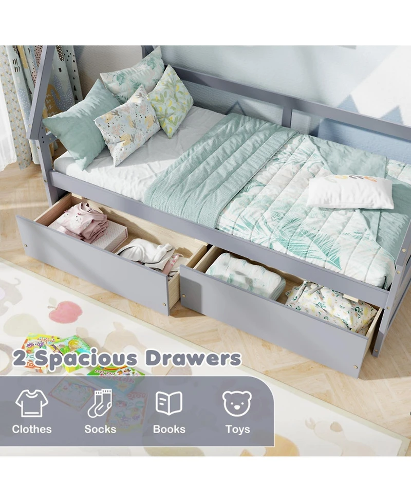 Sugift Twin Size House Bed with Roof and Safety Guardrail