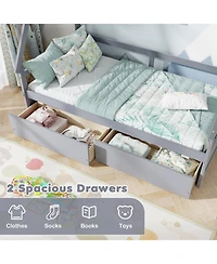 Sugift Twin Size House Bed with Roof and Safety Guardrail