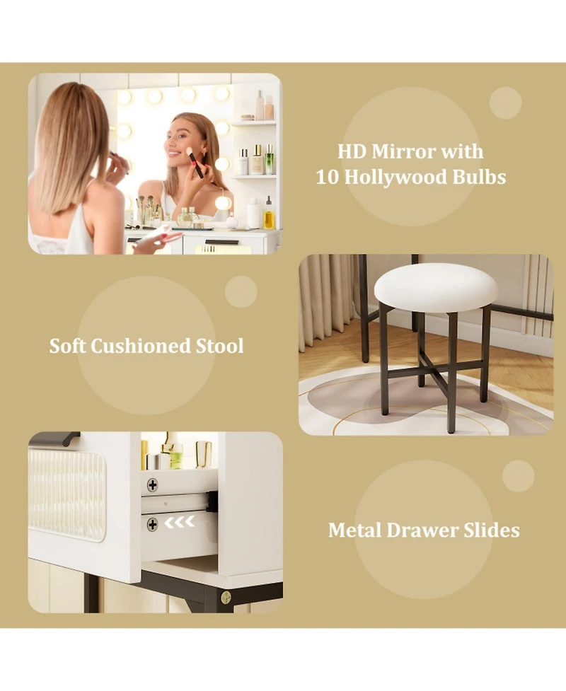 Sugift Makeup Vanity Desk with 10-Bulb Hollywood Mirror Charging Station and Padded Stool