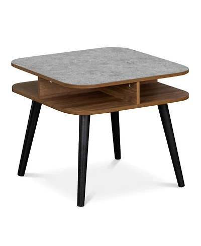 Sugift Square Faux Marble End Table with 4-Sided Open Shelves and Rubber Wood Legs