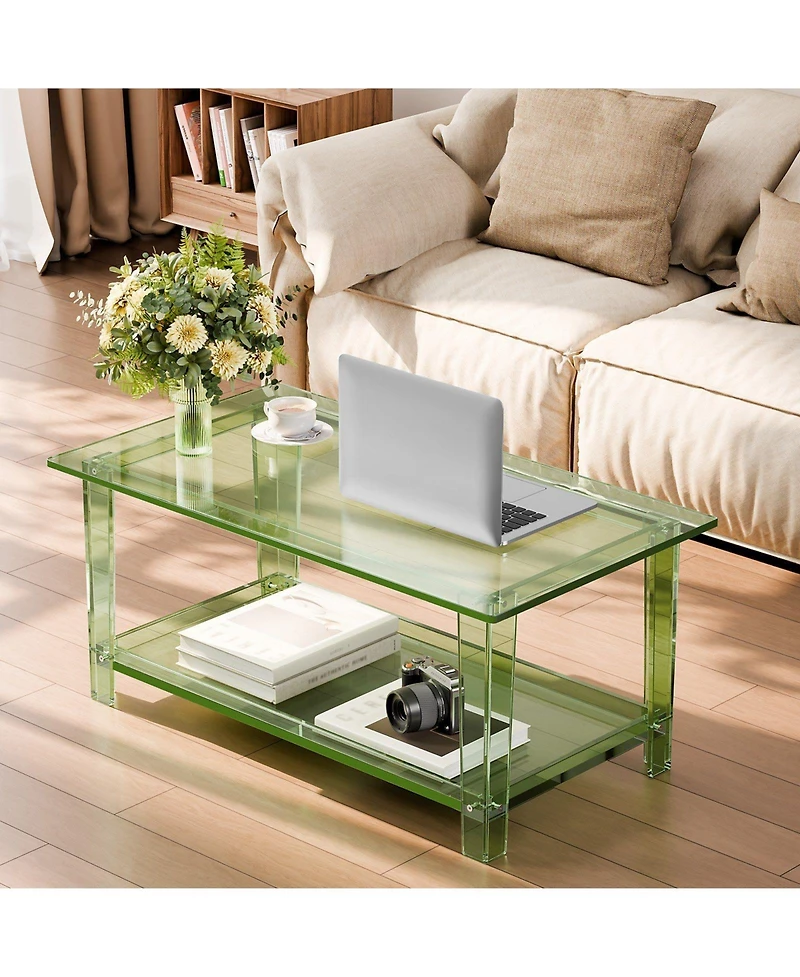 Slickblue Modern Acrylic Coffee Table with 2 Tier Storage Shelf Design