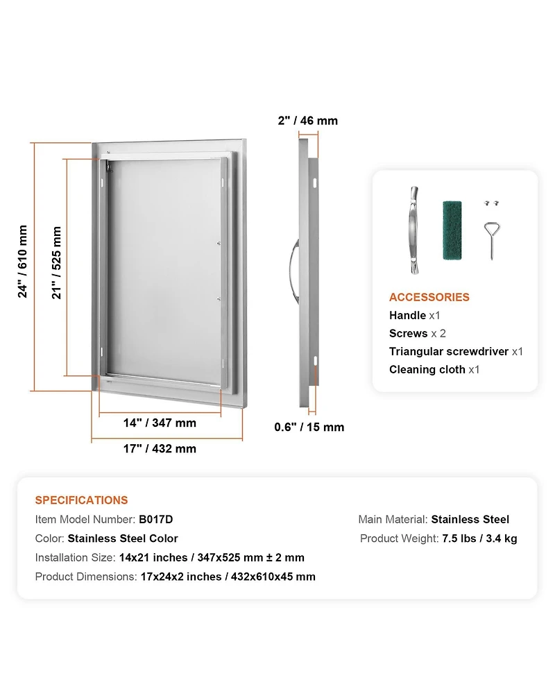 Sugift 17W x 24H in Stainless Steel Flush Mount Outdoor Kitchen Access Door for Bbq Island