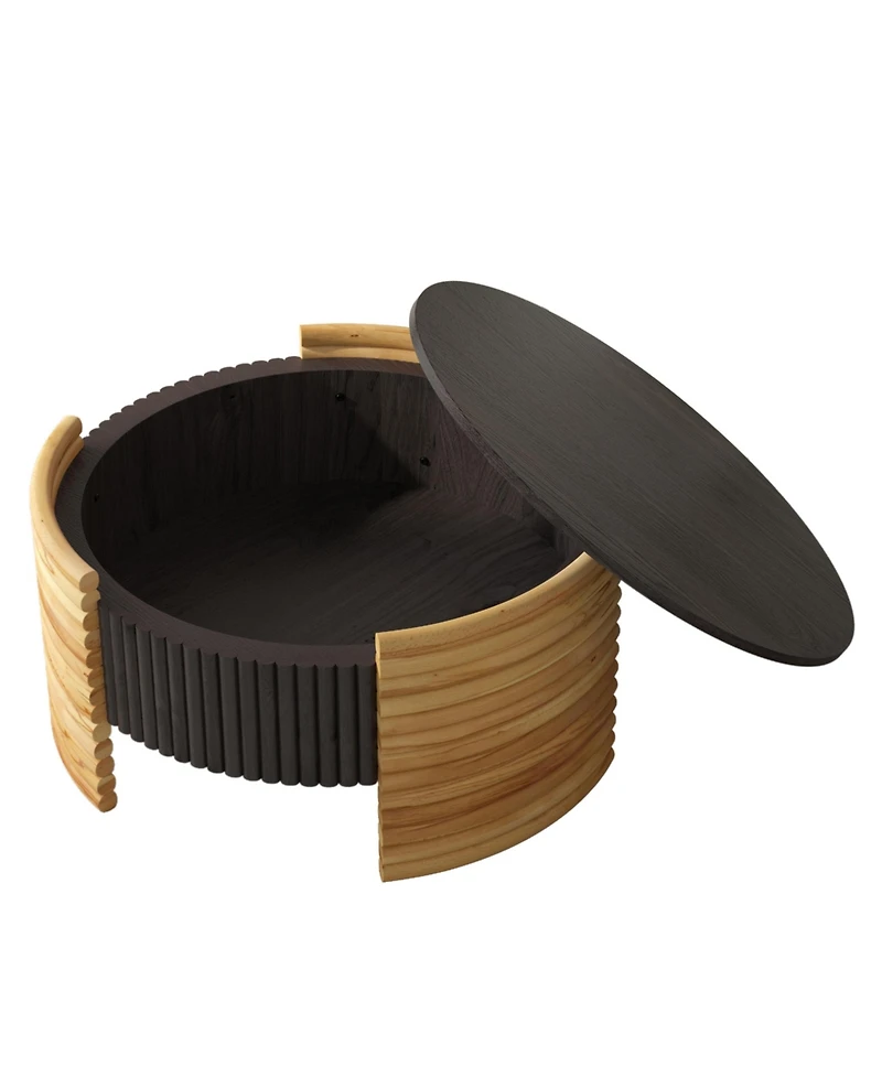 Flynama 31.5" Round Flip-Top Coffee Table, Colorblock Striped Mdf with Wood Veneer