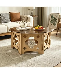 Flynama 31.1" Round Tempered Glass Coffee Table, Floral Hollow Wood Base, Cat Nest Design